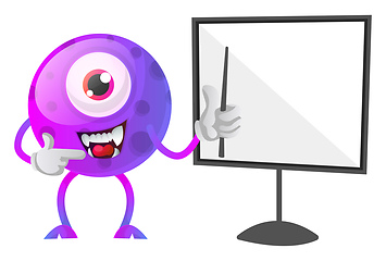 Image showing One eyed purple monster showing how to draw on a board illustrat