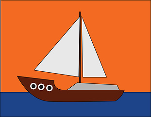 Image showing Portrait of a boat sailing across the sea over an orange backgro
