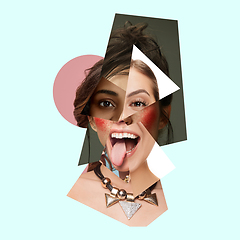 Image showing Young woman\'s portrait made of different pieces of faces, modern art collage