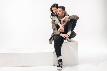 Image showing Trendy fashionable couple isolated on white studio background