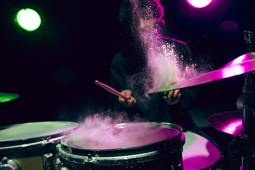 Image showing Drummer\'s rehearsing on drums before rock concert. Man recording music on drumset in studio