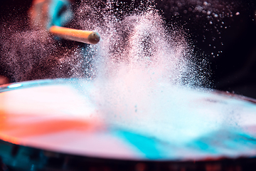 Image showing Drummer\'s rehearsing on drums before rock concert. Man recording music on drumset in studio