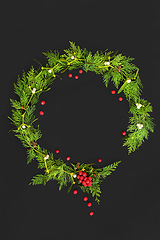 Image showing Natural Christmas Holly Mistletoe and Cedar Wreath