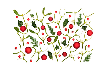 Image showing Festive Christmas Background with Greenery and Baubles 