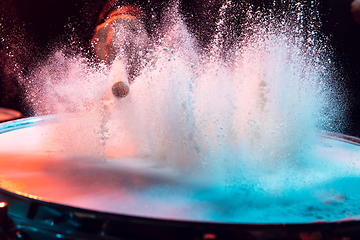 Image showing Drummer\'s rehearsing on drums before rock concert. Man recording music on drumset in studio