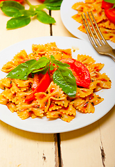 Image showing Italian pasta farfalle butterfly bow-tie and tomato sauce