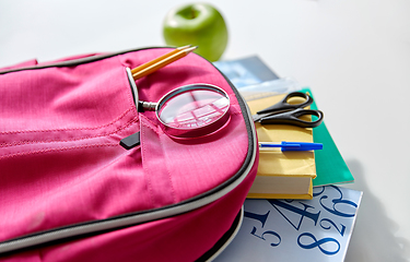 Image showing backpack with books, school supplies and apple