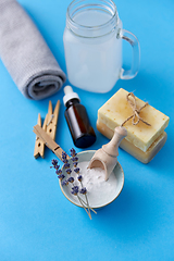 Image showing washing soda, soap, towel, dropper and clothespins