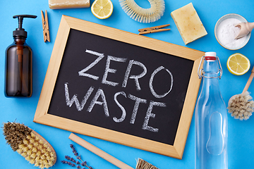 Image showing zero waste words on chalkboard and cleaning stuff