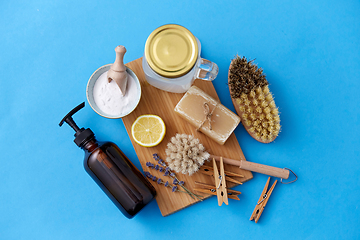 Image showing washing soda, soap, brushes, lemon and clothespins