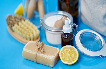 Image showing lemons, soap, washing soda, vinegar and brushes