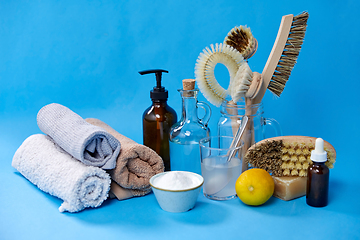 Image showing lemons, soap, washing soda, vinegar and brushes