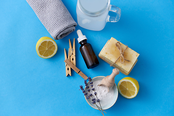 Image showing washing soda, soap, towel, dropper and clothespins