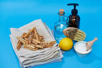 Image showing baking soda, lemon, brush, vinegar and clothespins