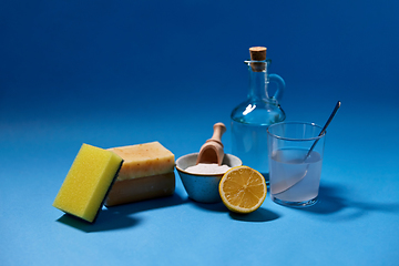 Image showing washing soda, lemon, sponge, soap and vinegar