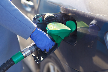 Image showing close up of hand in glove filling car with petrol