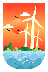 Image showing Illustration of windmills at a sunset illustration vector on whi