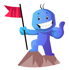 Image showing Blue cartoon caracter on a mountain with a flag illustration vec