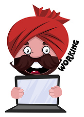 Image showing Man with turban is holding laptop, illustration, vector on white