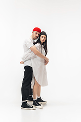 Image showing Trendy fashionable couple isolated on white studio background