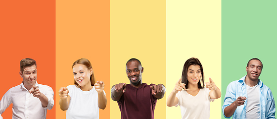 Image showing Portrait of group of emotional people on multicolored background