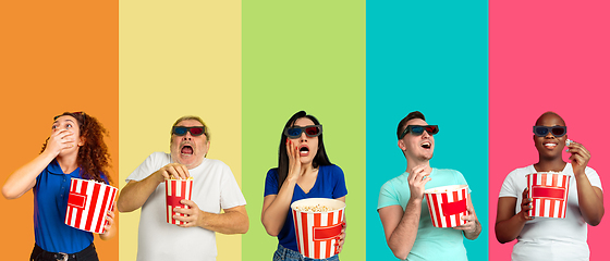 Image showing Portrait of group of emotional people on multicolored background