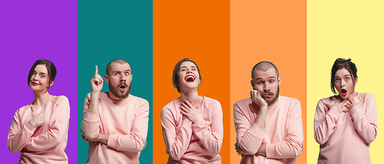 Image showing Portrait of group of emotional people on multicolored background