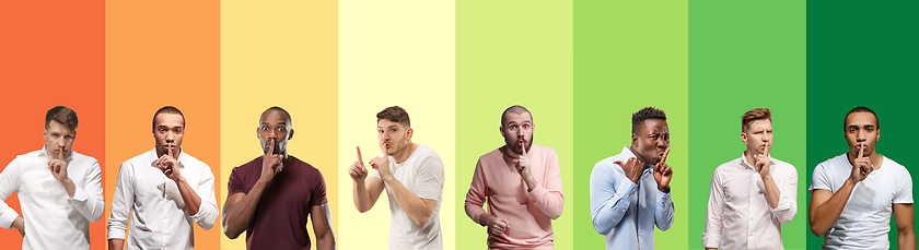 Image showing Portrait of group of emotional people on multicolored background