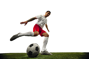 Image showing Football or soccer player on white background - motion, action, activity concept