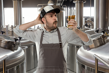 Image showing Professional brewer on his own craft alcohol production