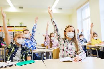 Image showing group of students in masks raising hands at school