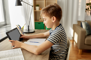 Image showing student boy with tablet computer learning at home