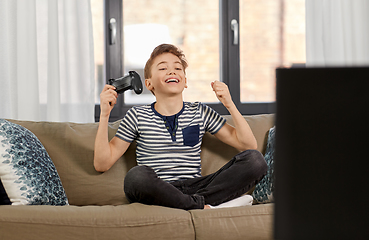 Image showing happy boy with gamepad playing video game at home