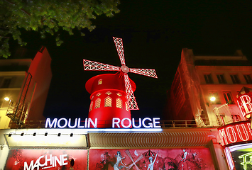 Image showing View of the Moulin Rouge (Red Mill) at night in Paris, France