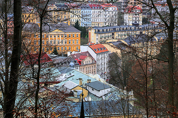 Image showing Cityscape of Karlovy Vary from the hill in the late autumn