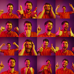 Image showing Collage of portraits of young emotional man on purple background in neon light