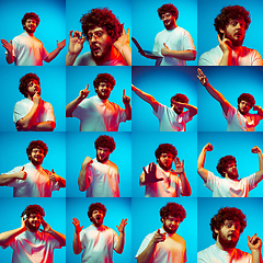 Image showing Collage of portraits of young emotional man on blue background in neon light