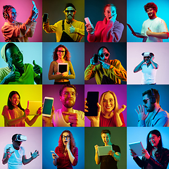 Image showing Collage of portraits of young people on multicolored background in neon light using gadgets