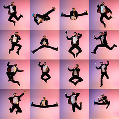Image showing Collage of portraits of young man jumping high on purple background in neon light