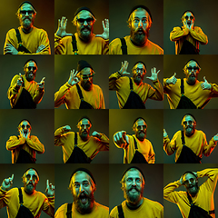 Image showing Collage of portraits of young emotional man on green background in neon light