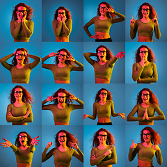 Image showing Collage of portraits of young emotional woman on blue background in neon light