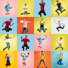 Image showing Collage of portraits of young people on multicolored background in using gadgets