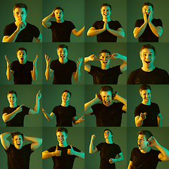 Image showing Collage of portraits of young emotional man on green background in neon light