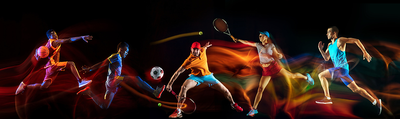 Image showing Creative collage of sportsmen in mixed and neon light on black background, flyer, motion and action