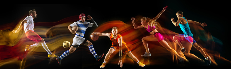 Image showing Creative collage of sportsmen in mixed and neon light on black background, flyer, motion and action