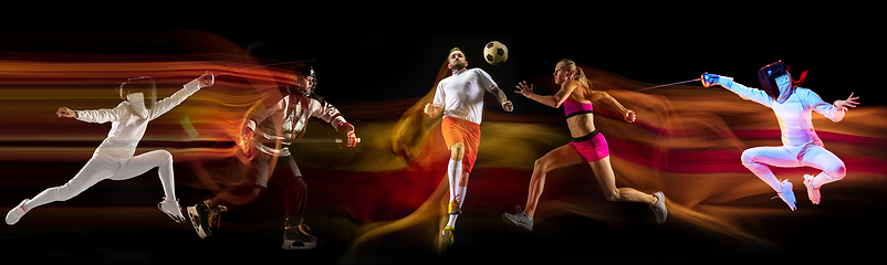 Image showing Creative collage of sportsmen in mixed and neon light on black background, flyer, motion and action