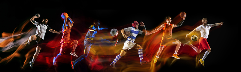 Image showing Creative collage of sportsmen in mixed and neon light on black background, flyer, motion and action