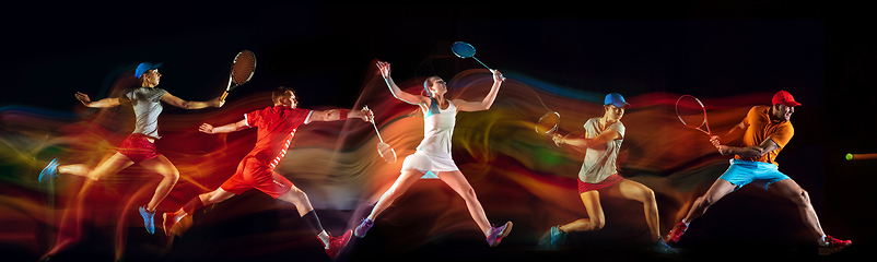 Image showing Creative collage of sportsmen in mixed and neon light on black background, flyer, motion and action