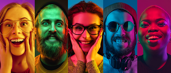 Image showing Collage of portraits of young people on multicolored background in neon