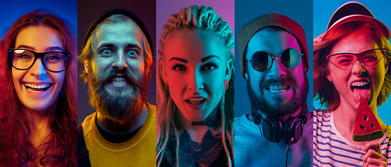 Image showing Collage of portraits of young people on multicolored background in neon